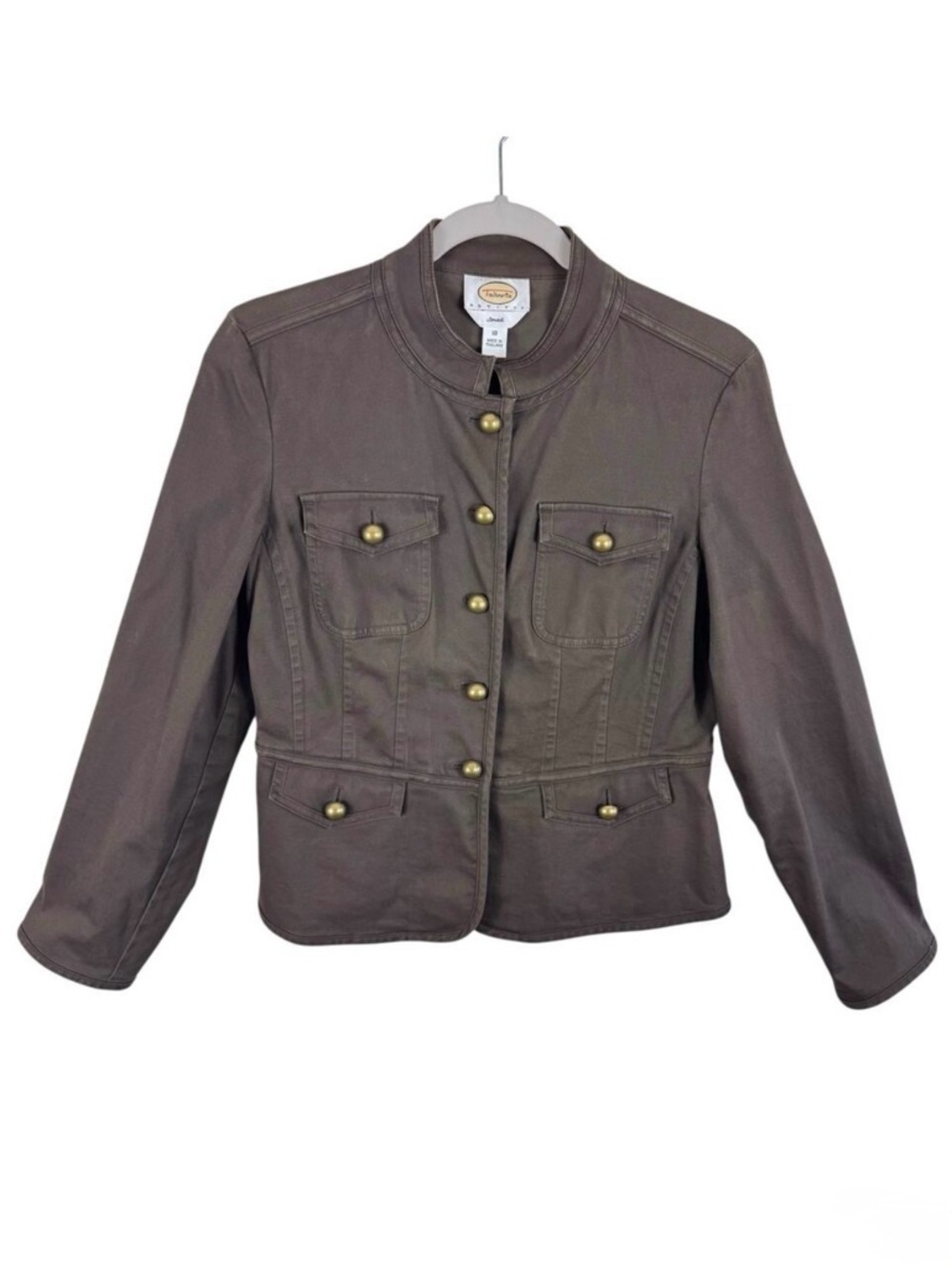 Talbots Stretch Vintage Brown Cotton Military Style Gold Button Up Jacket Sz 10P